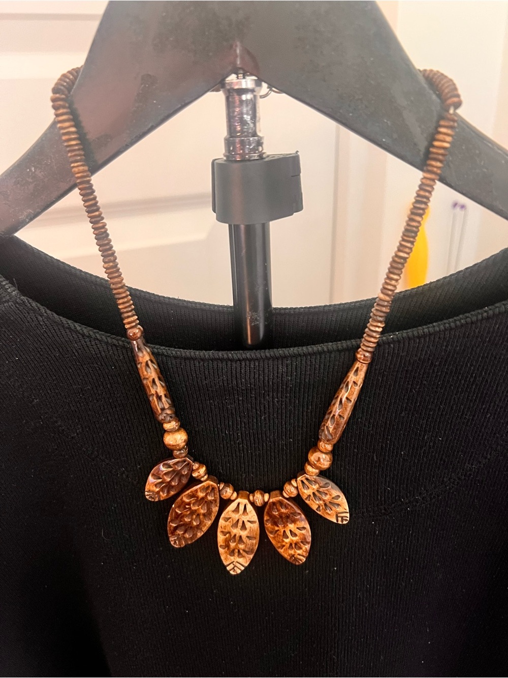 Hand carved Brown Leaf Boho-tribal Statement Necklace -